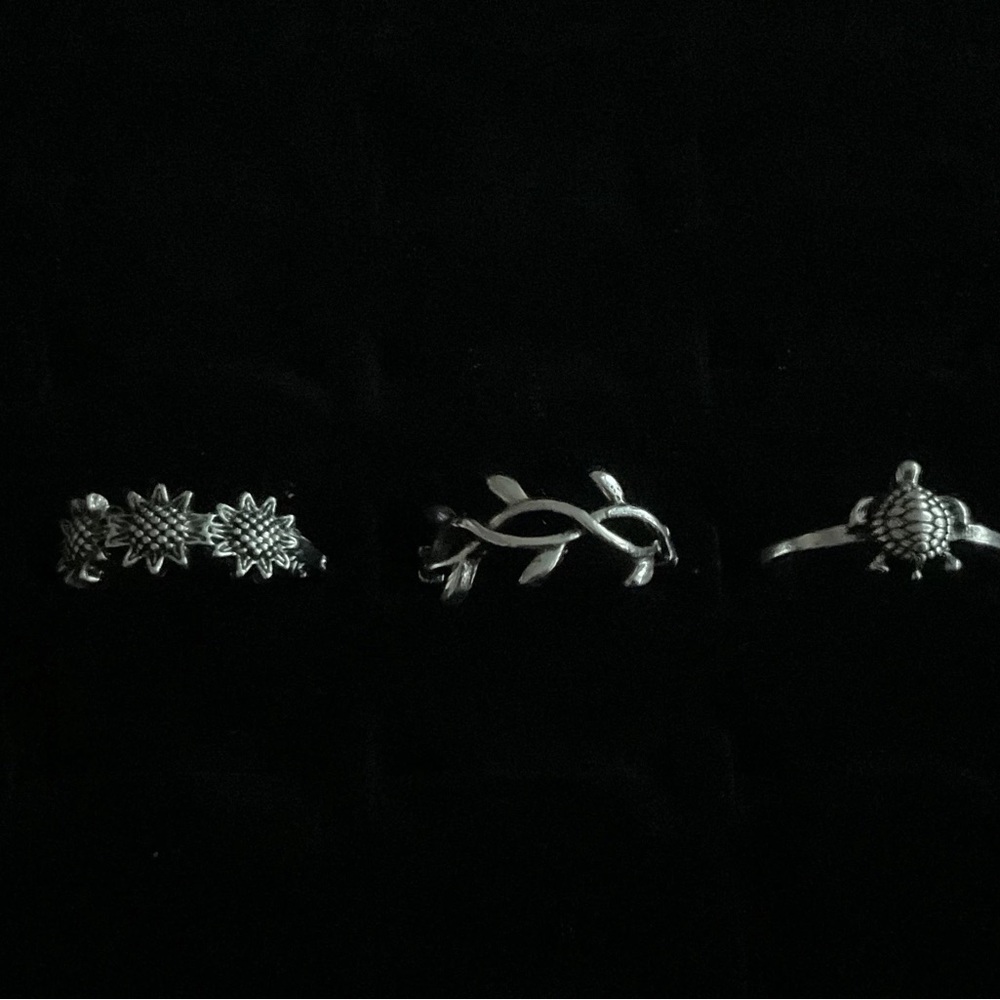 New x3 Silver Tone Rings Turtle Flowers Nature Boho Trendy Fashion Set Size 5